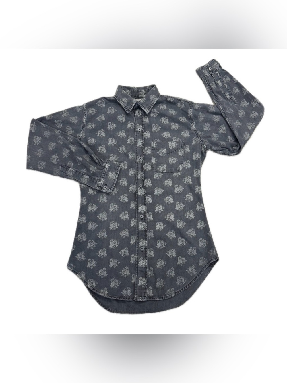 Current/Elliot Women’s Grey Button Down Shirt White Floral Damask Block Print M